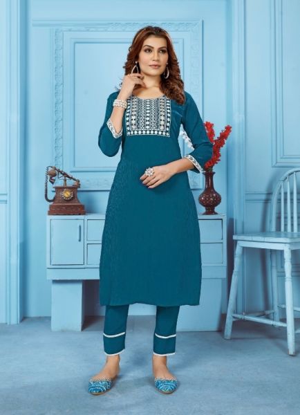 Sea Blue Wrinkle Cotton Thread-Work Office-Wear Readymade Kurti With Pant