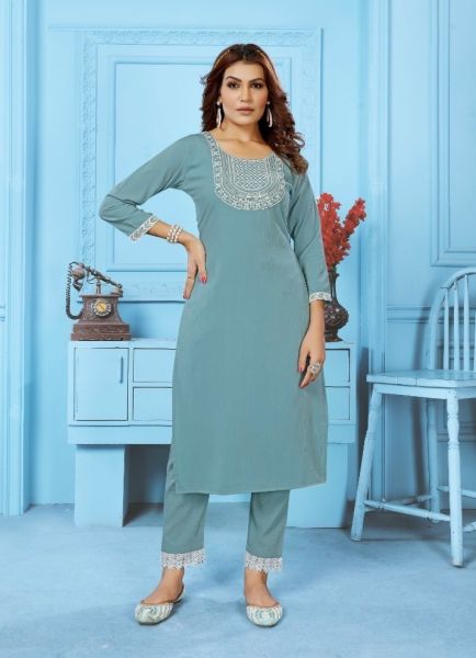 Light Blue Wrinkle Cotton Thread-Work Office-Wear Readymade Kurti With Pant