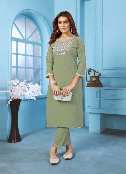 Sage Green Wrinkle Cotton Thread-Work Office-Wear Readymade Kurti With Pant