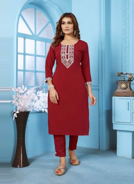 Red Wrinkle Cotton Thread-Work Office-Wear Readymade Kurti With Pant