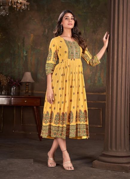 Yellow Cotton Printed Festive-Wear Readymade Anarkali Kurti