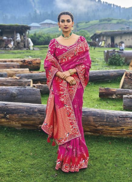 Magenta Silk Embroidered Party-Wear Saree