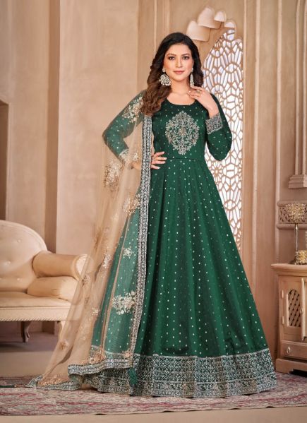 Green Taffeta Embroidered Party-Wear Floor-Length Salwar Kameez
