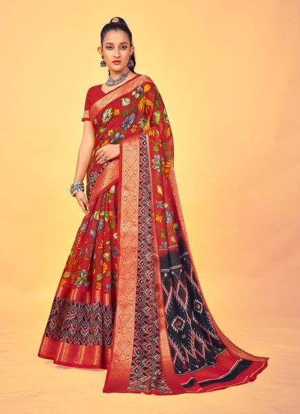 Red Linen Weaving Festive-Wear Double-Jacquard Border Saree