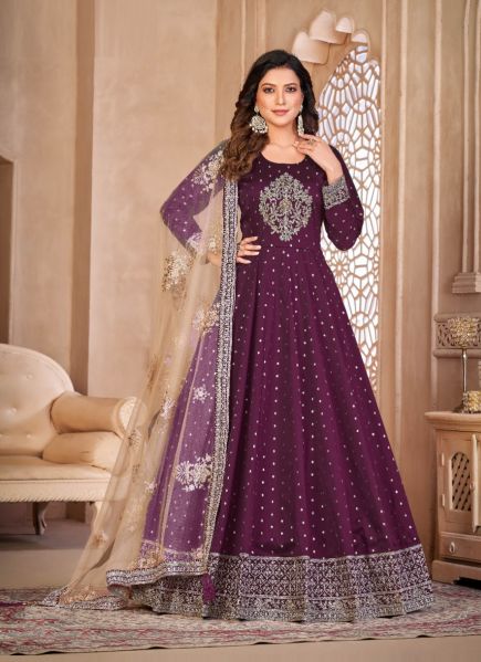 Purple Taffeta Embroidered Party-Wear Floor-Length Salwar Kameez