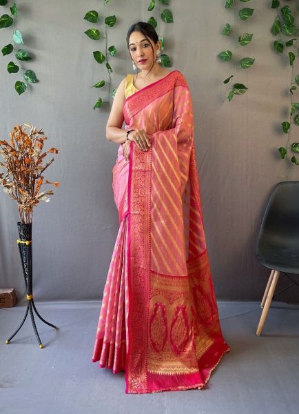 Pink Organza Weaving Festive-Wear Leheriya Saree