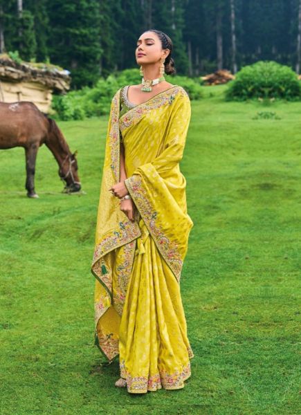 Lime Yellow Silk Embroidered Party-Wear Saree