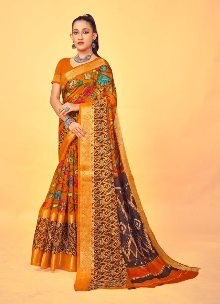 Orange Linen Weaving Festive-Wear Double-Jacquard Border Saree