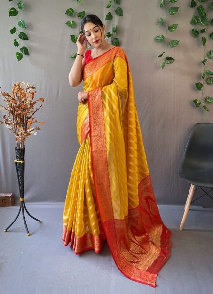 Yellow Organza Weaving Festive-Wear Leheriya Saree