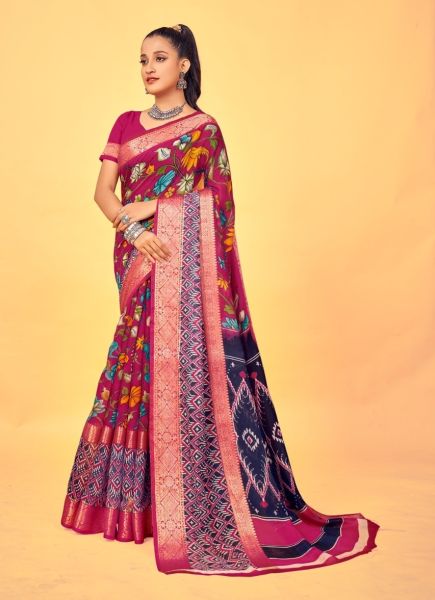 Magenta Linen Weaving Festive-Wear Double-Jacquard Border Saree