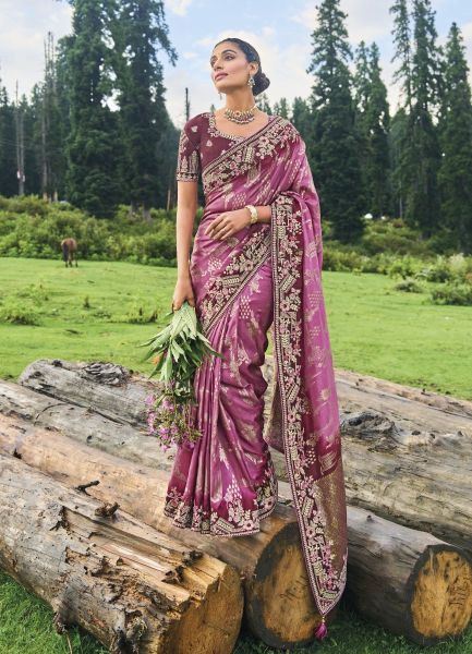 Lilac Silk Embroidered Party-Wear Saree