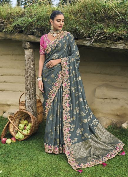 Warm Gray Silk Embroidered Party-Wear Saree