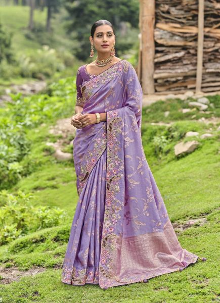 Light Lavender Silk Embroidered Party-Wear Saree