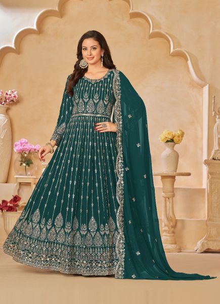 Teal Blue Faux Georgette Embroidered Floor-length Salwar Kameez For Traditional / Religious Occasions