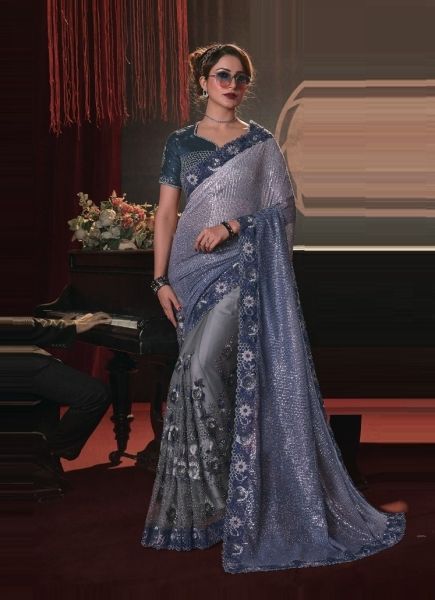 Blue Imported Stone-Work Wedding-Wear Bridal Saree
