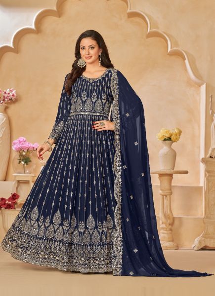 Blue Faux Georgette Embroidered Floor-length Salwar Kameez For Traditional / Religious Occasions
