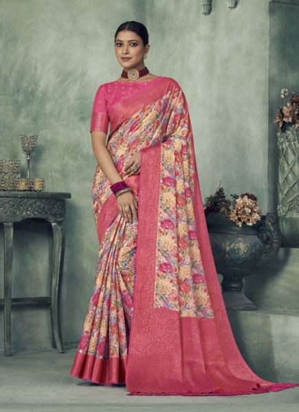 Beige & Pink Tissue Silk Digitally Printed Festive-Wear Saree
