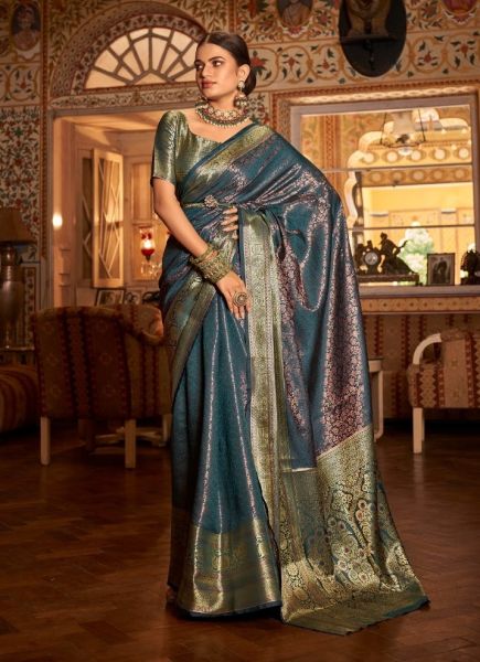 Sea Blue Kanchipuram SIlk With Copper Zari Weaving Festive-Wear Saree