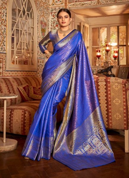 Blue Kanchipuram SIlk With Copper Zari Weaving Festive-Wear Saree