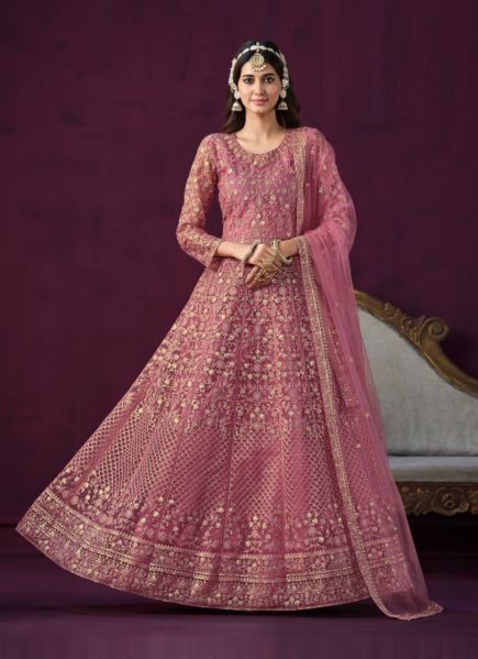 Dark Pink Net Embroidered Ramadan Special Floor-Length Salwar Kameez