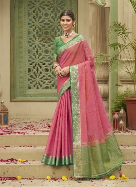 Pink Woven Tusser Silk Saree For Traditional / Religious Occasions