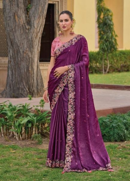 Purple Tissue Organza Silk Thread-Work Party-Wear Saree