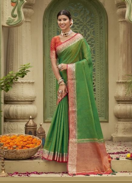 Parrot Green Woven Tusser Silk Saree For Traditional / Religious Occasions