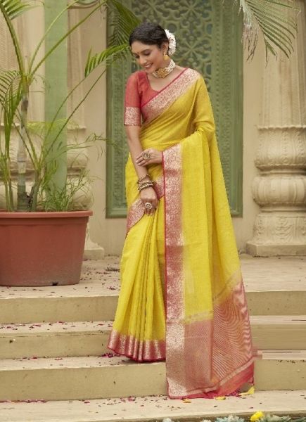 Yellow Woven Tusser Silk Saree For Traditional / Religious Occasions