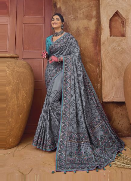 Blue Gray Banarasi Silk Kacchi-Work Wedding-Wear Boutique-Style Saree With Contrast Blouse
