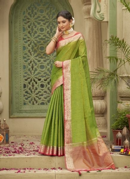 Olive Green Woven Tusser Silk Saree For Traditional / Religious Occasions