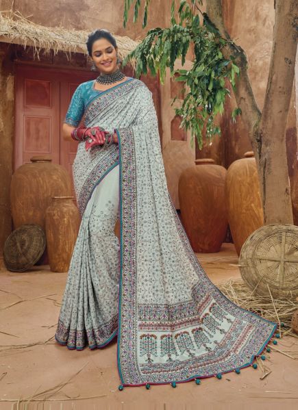 Light Blue Banarasi Silk Kacchi-Work Wedding-Wear Boutique-Style Saree With Contrast Blouse