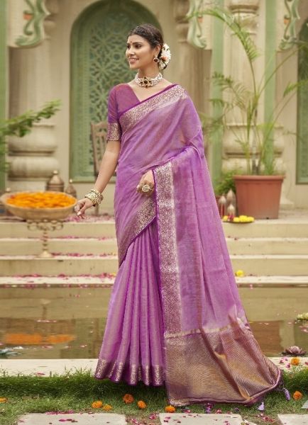 Lilac Woven Tusser Silk Saree For Traditional / Religious Occasions