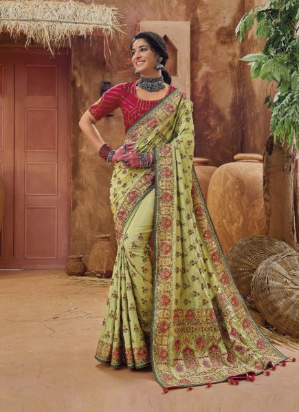 Light Olive Green Banarasi Silk Kacchi-Work Wedding-Wear Boutique-Style Saree With Contrast Blouse