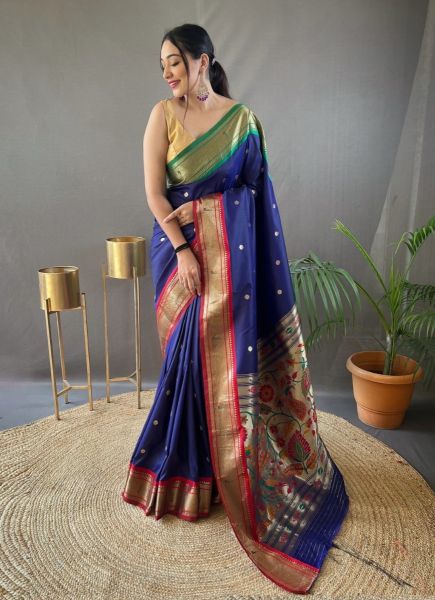 Blue Paithani Silk Saree For Traditional / Religious Occasions