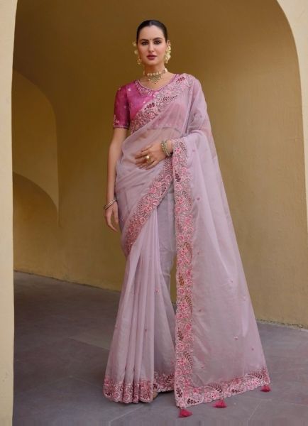 Light Pink Tissue Organza Silk Thread-Work Party-Wear Saree