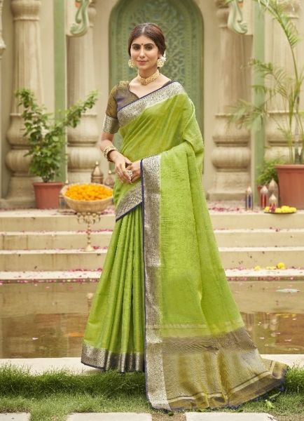 Lime Green Woven Tusser Silk Saree For Traditional / Religious Occasions