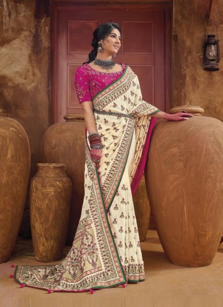Creamy White Banarasi Silk Kacchi-Work Wedding-Wear Boutique-Style Saree With Contrast Blouse