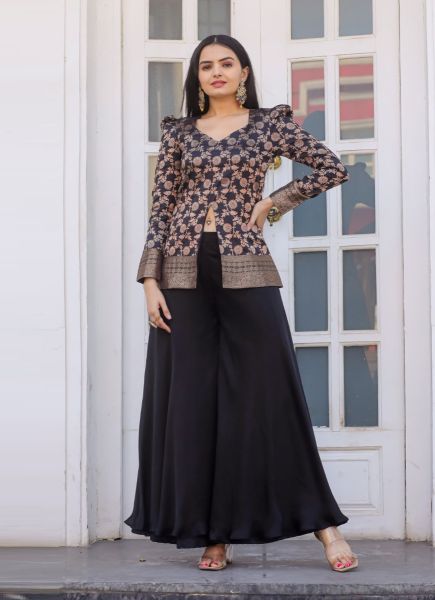Black Woven Silk Party-Wear Choli & Skirt Set