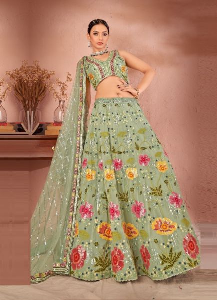 Light Green Georgette Thread-Work Wedding-Wear Readymade Stylish Lehenga Choli