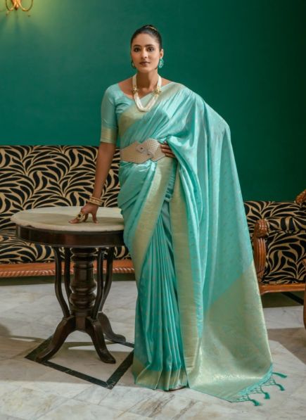 Aqua Silk Zari Weaving Festive-Wear Saree