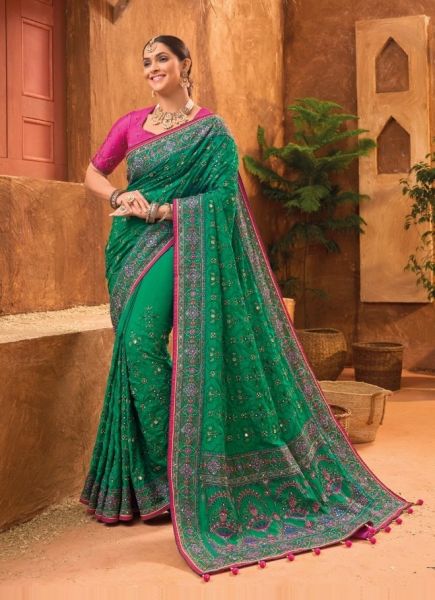 Sea Green Banarasi Silk Embroidery & Handwork Wedding-Wear Saree