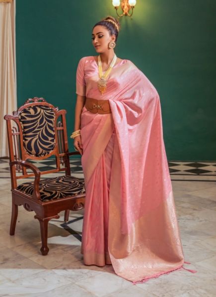 Pink Silk Zari Weaving Festive-Wear Saree