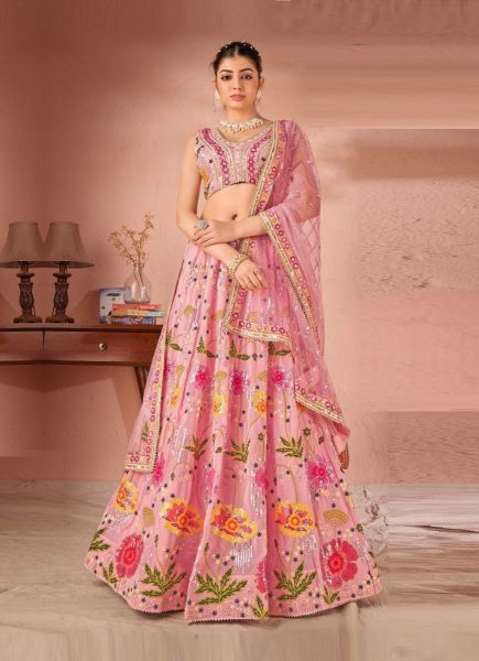 Pink Georgette Thread-Work Wedding-Wear Readymade Stylish Lehenga Choli