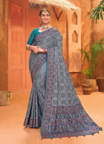 Steel Blue Banarasi Silk Embroidery & Handwork Wedding-Wear Saree