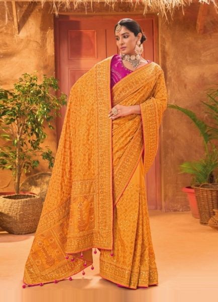 Orange Banarasi Silk Embroidery & Handwork Wedding-Wear Saree