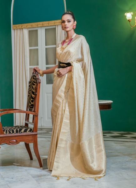 Bone White Silk Zari Weaving Festive-Wear Saree