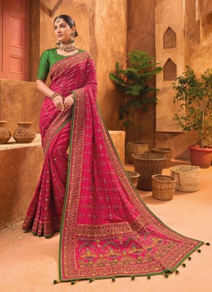 Dark Magenta Banarasi Silk Embroidery & Handwork Wedding-Wear Saree