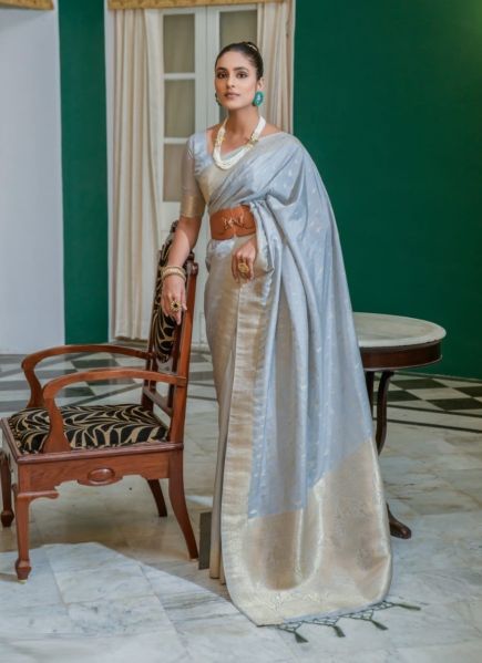Light Blue Silk Zari Weaving Festive-Wear Saree