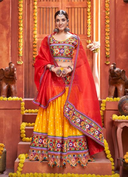 Yellow & Red Cotton Silk Mirror-Work Navratri Special Lehenga Choli