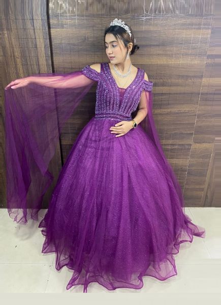 Purple Net Handwork Wedding-Wear Readymade Bridal Gown